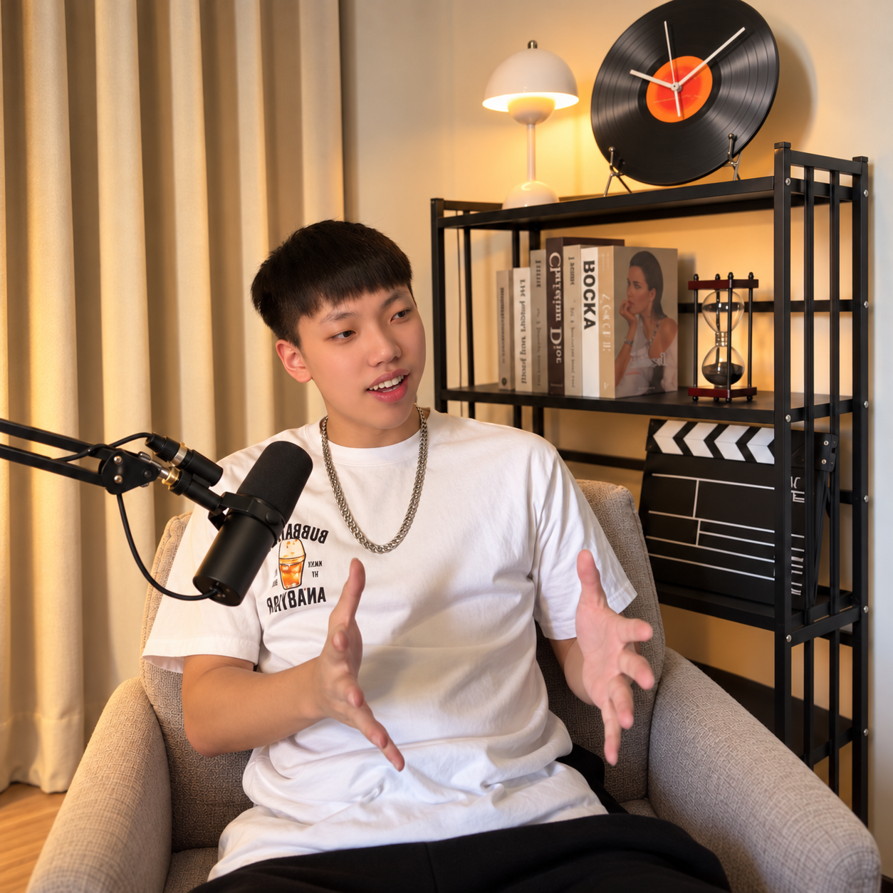鹿川在 Podcast 錄音室中微笑分享
